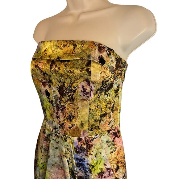 McGinn Womens Cocktail Dress Green Satin Strapless Watercolor 6 Pockets Pleated - Picture 4 of 11